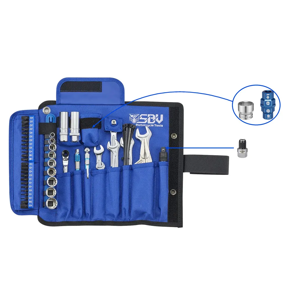 Royal Enfield tool set with original Basic Set, 24 mm socket, H17 H19 H22 H24 hex axle tool and locking bit holder, with packing arrows