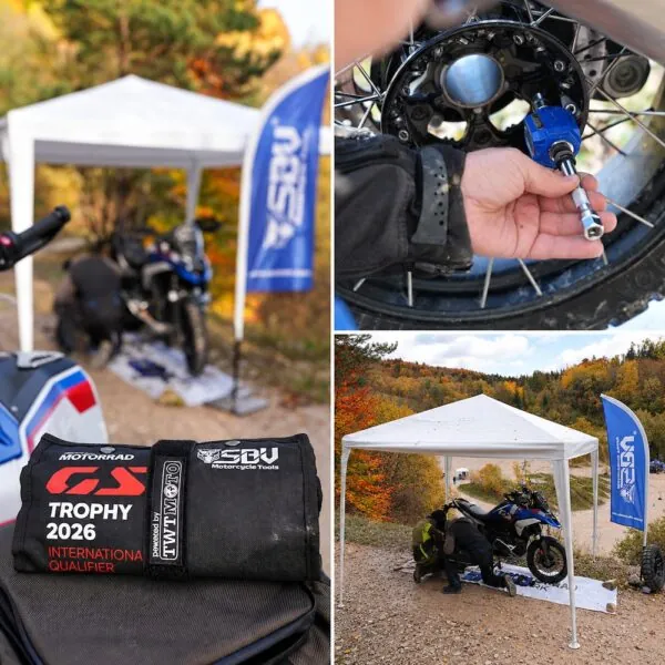 GS Trophy International Qualifier pouch on the left, digital torque adapter in use above the SBVTools technical stage on the right