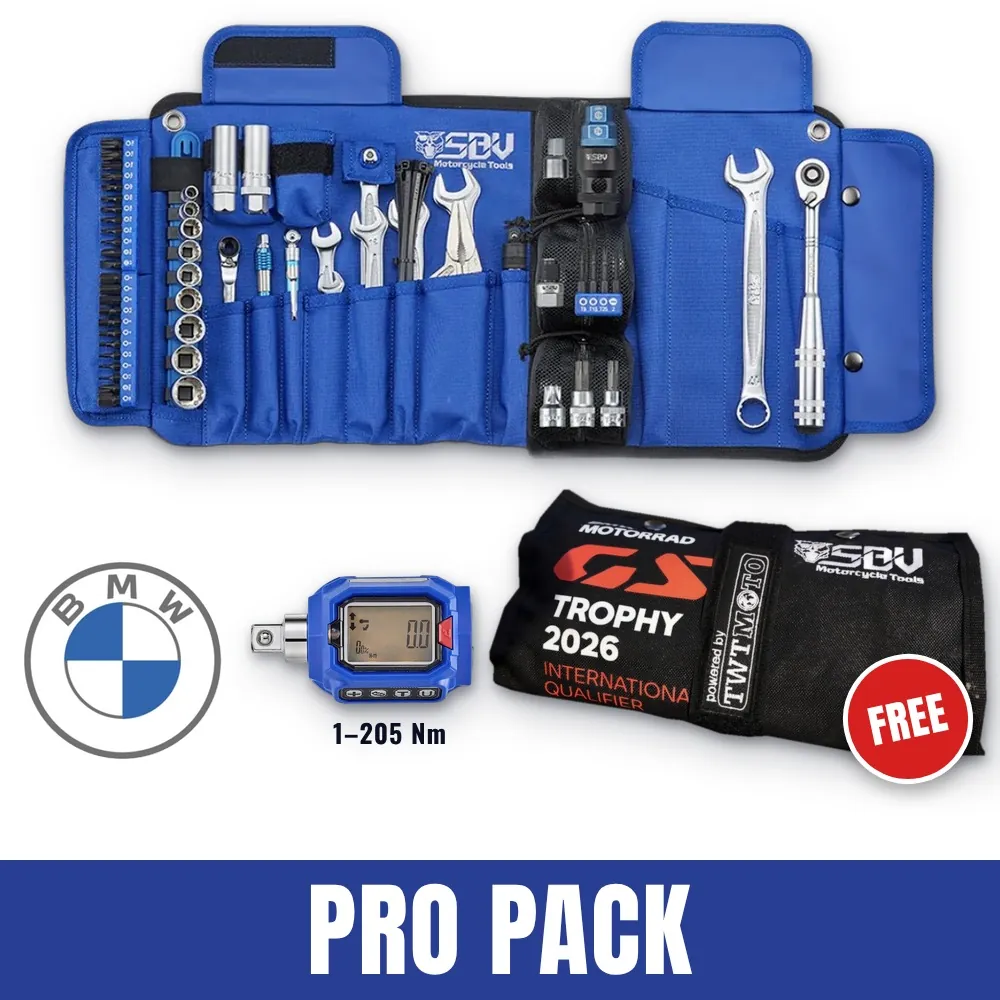 BMW Pro Pack tool set with 1–205 Nm digital torque adapter and free TWTMoto GS Trophy 2026 pouch.