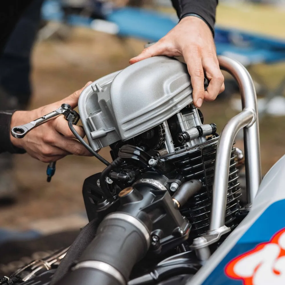Working on a BMW boxer engine with the SBVTools ratchet at the GS Trophy 2026
