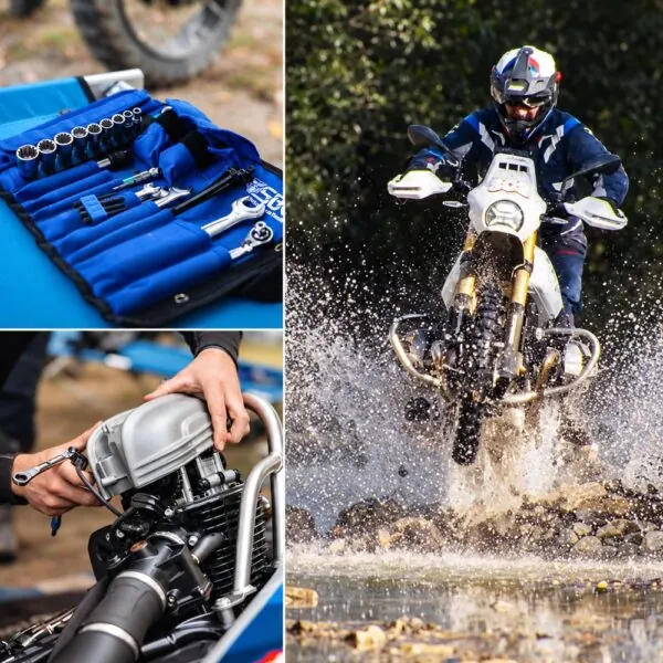 Three-photo collage of the open SBVTools set, work on a BMW boxer engine and a rider splashing through water at the GS Trophy 2026 in Romania